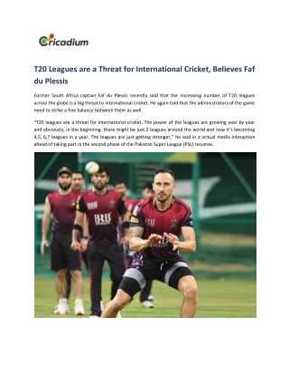 T20 Leagues are a Threat for International Cricket, Believes Faf du Plessis