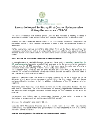Leonardo Helped To Strong First Quarter By Impressive Military Performance - TARCG
