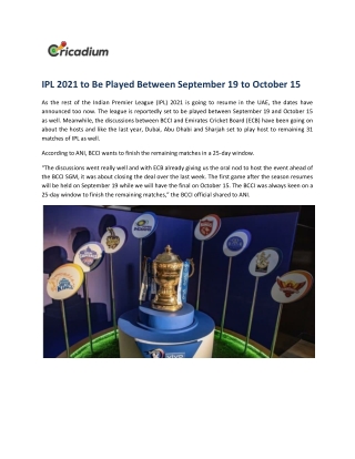 IPL 2021 to Be Played Between September 19 to October 15