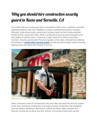 Why you should hire construction security guard in Keene and Kernville, CA