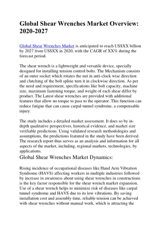 Global Shear Wrenches Market Overview