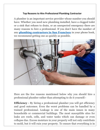 Top reasons to hire Professional Plumbing contractor