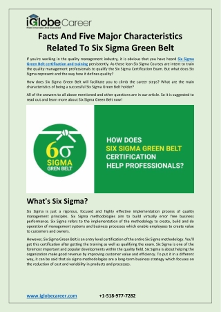 Facts And Five Major Characteristics Related To Six Sigma Green Belt