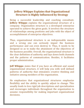 Jeffery Whippo Explains that Organizational Structure is Highly Influenced by Strategy