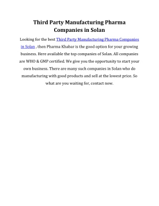 Third Party Manufacturing Pharma Companies in Solan