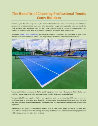 The Benefits of Choosing Professional Tennis Court Builders