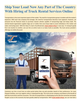 Ship Your Load Now Any Part of The Country With Hiring of Truck Rental Services Online