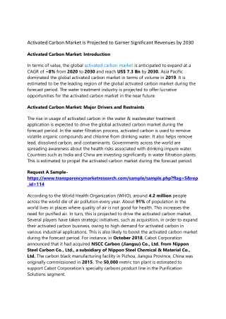 Activated Carbon Market is Projected to Garner Significant Revenues by 2030