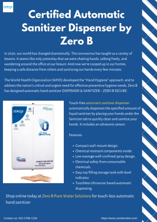 Certified Automatic Sanitizer Dispenser by Zero B