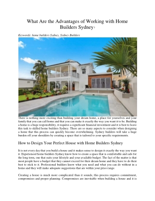 What Are the Advantages of Working with Home Builders Sydney