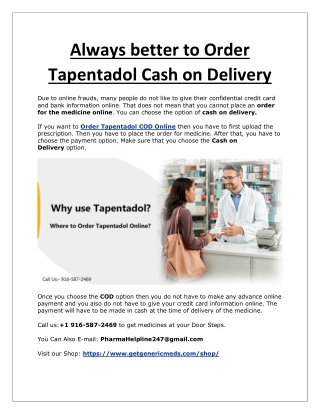 Always better to Order Tapentadol Cash on Delivery