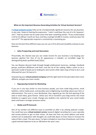 What are the Important Revenue Generating Activities for Virtual Assistant Services