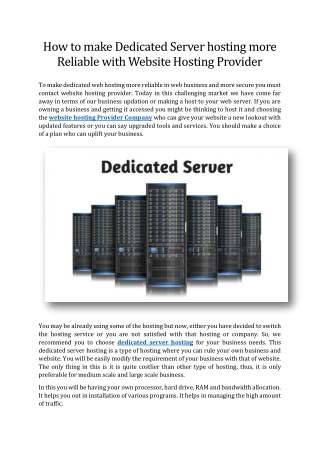 How to make Dedicated Server hosting more Reliable with Website Hosting Provider