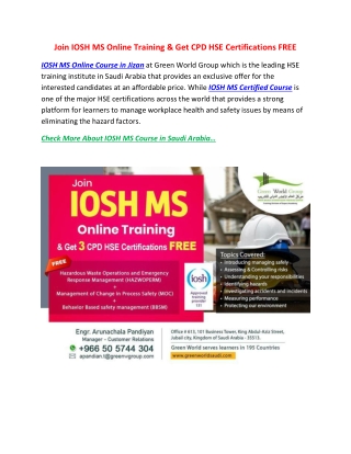 Join IOSH MS Online Training & Get CPD HSE Certifications FREE