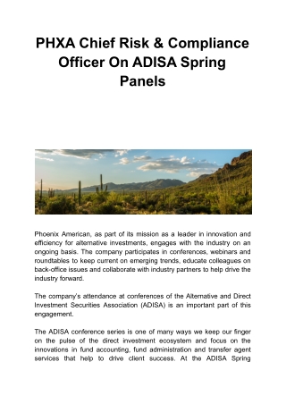 PHXA Chief Risk & Compliance Officer On ADISA Spring Panels