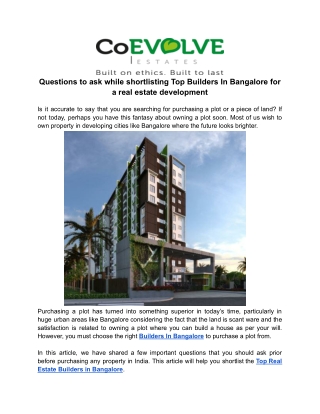 Questions to ask while shortlisting Top Builders In Bangalore for a real estate development