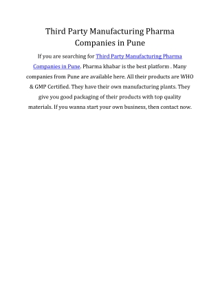 Third Party Manufacturing Pharma Companies in Pune