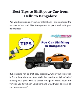 Best Tips to Shift your Car from Delhi to Bangalore