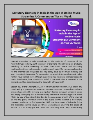 Statutory Licensing in India in the Age of Online Music Streaming A Comment on Tips vs. Wynk