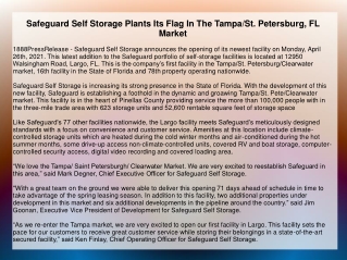 Safeguard Self Storage Plants Its Flag In The Tampa/St. Petersburg, FL Market
