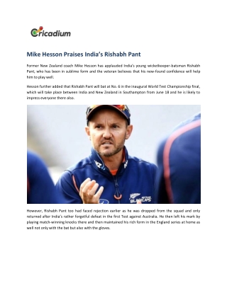 Mike Hesson Praises India’s Rishabh Pant