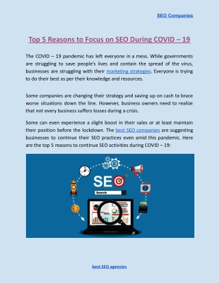 Top 5 Reasons to Focus on SEO During COVID 19