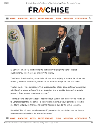 El Salvador Became the First Country to Adopt Bitcoin as Legal Tender - The Franchise Universe