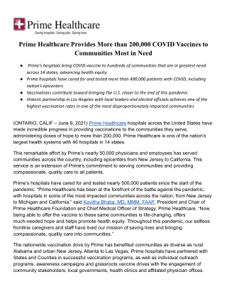 Prime Healthcare Provides More than 200,000 COVID Vaccines to Communities Most in Need