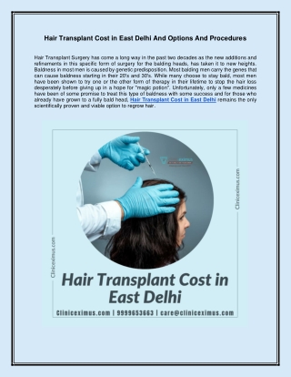 Hair Transplant Cost in East Delhi And Options And Procedures