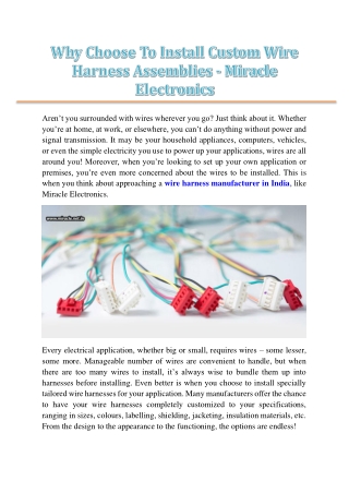 Why Choose To Install Custom Wire Harness Assemblies - Miracle Electronics