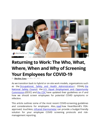 Returning to Work - The Who, What, Where, When and Why of Screening Your Employees for COVID-19