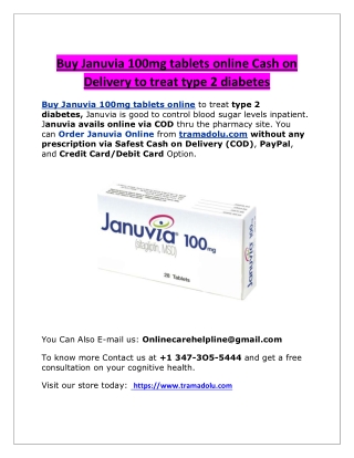 Buy Januvia 100mg tablets online Cash on Delivery to treat type 2 diabetes