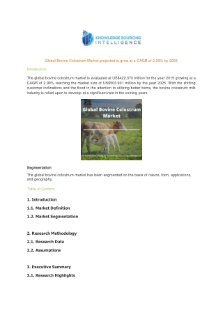 Global Bovine Colostrum Market projected to grow at a CAGR of 2.99% by 2026