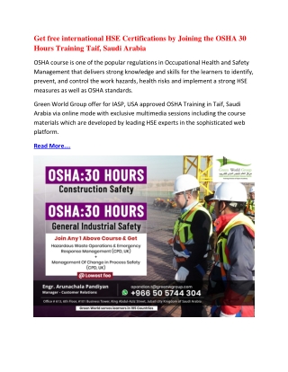 Get free international HSE Certifications by Joining the OSHA 30 Hours Training Taif