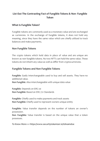 List Out The Contrasting Fact of Fungible Tokens & Non- Fungible Token
