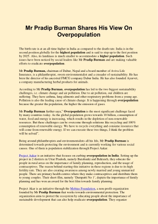 Mr Pradip Burman Shares His View On Overpopulation