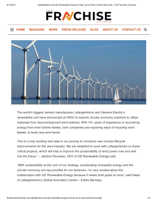 LafargeHolcim and GE Renewable Energy to Team Up on Wind Turbine Recycling - The Franchise Universe