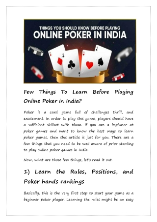 Few Things To Learn Before Playing Online Poker in India