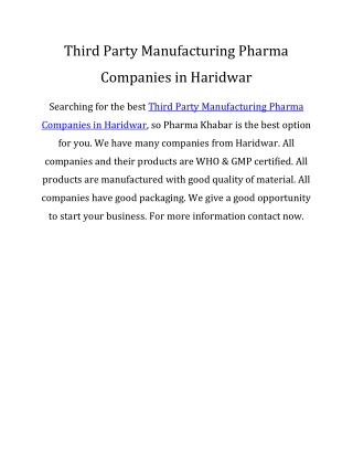 Third Party Manufacturing Pharma Companies in Haridwar