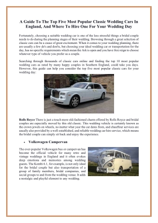 A Guide To The Top Five Most Popular Classic Wedding Cars In England