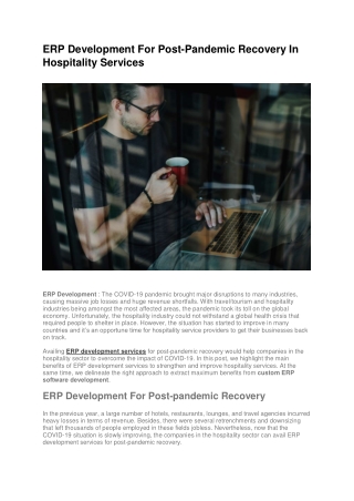 ERP Development For Post-Pandemic Recovery In Hospitality Services