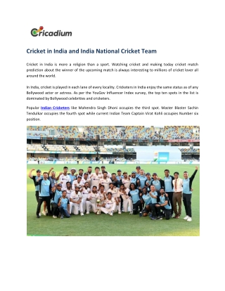 Cricket in India and India National Cricket Team