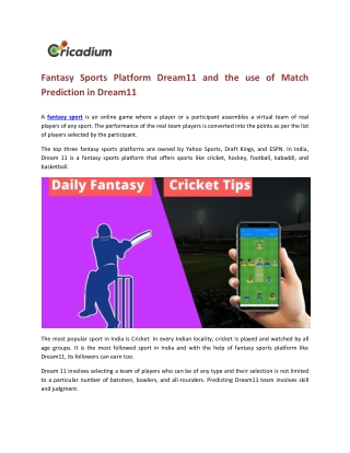 Fantasy Sports Platform Dream11 and the use of Match Prediction in Dream11