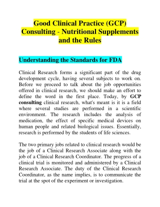 Good Clinical Practice (GCP) Consulting - Nutritional Supplements and the Rules