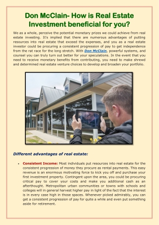 Don McClain- How is real estate investment beneficial for you