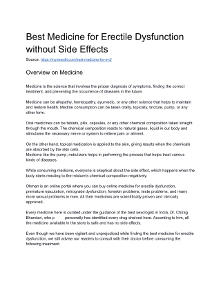 Best Medicine for Erectile Dysfunction without Side Effects