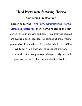 Third Party Manufacturing Pharma Companies in Roorkee