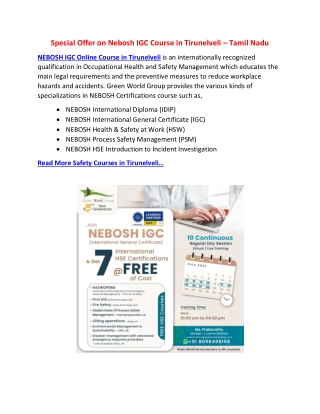 Special Offer on Nebosh IGC Course in Tirunelveli – Tamil Nadu