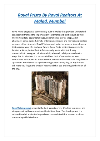 Royal Pristo By Royal Realtors At Malad, Mumbai