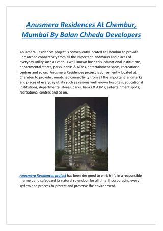 Anusmera Residences At Chembur, Mumbai By Balan Chheda Developers
